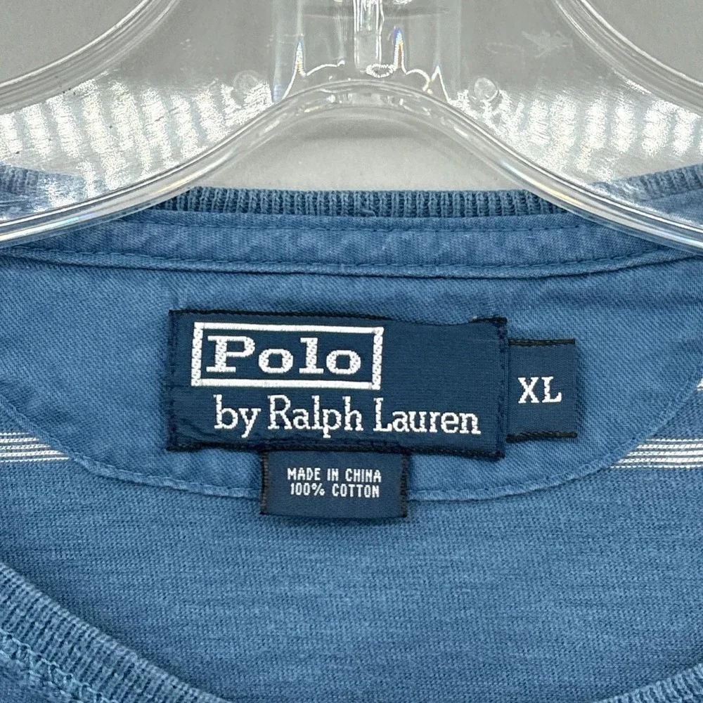 Polo Ralph Lauren Shirt Mens XL Blue Stripe Henley Knit Short Sleeve Cotton VTG